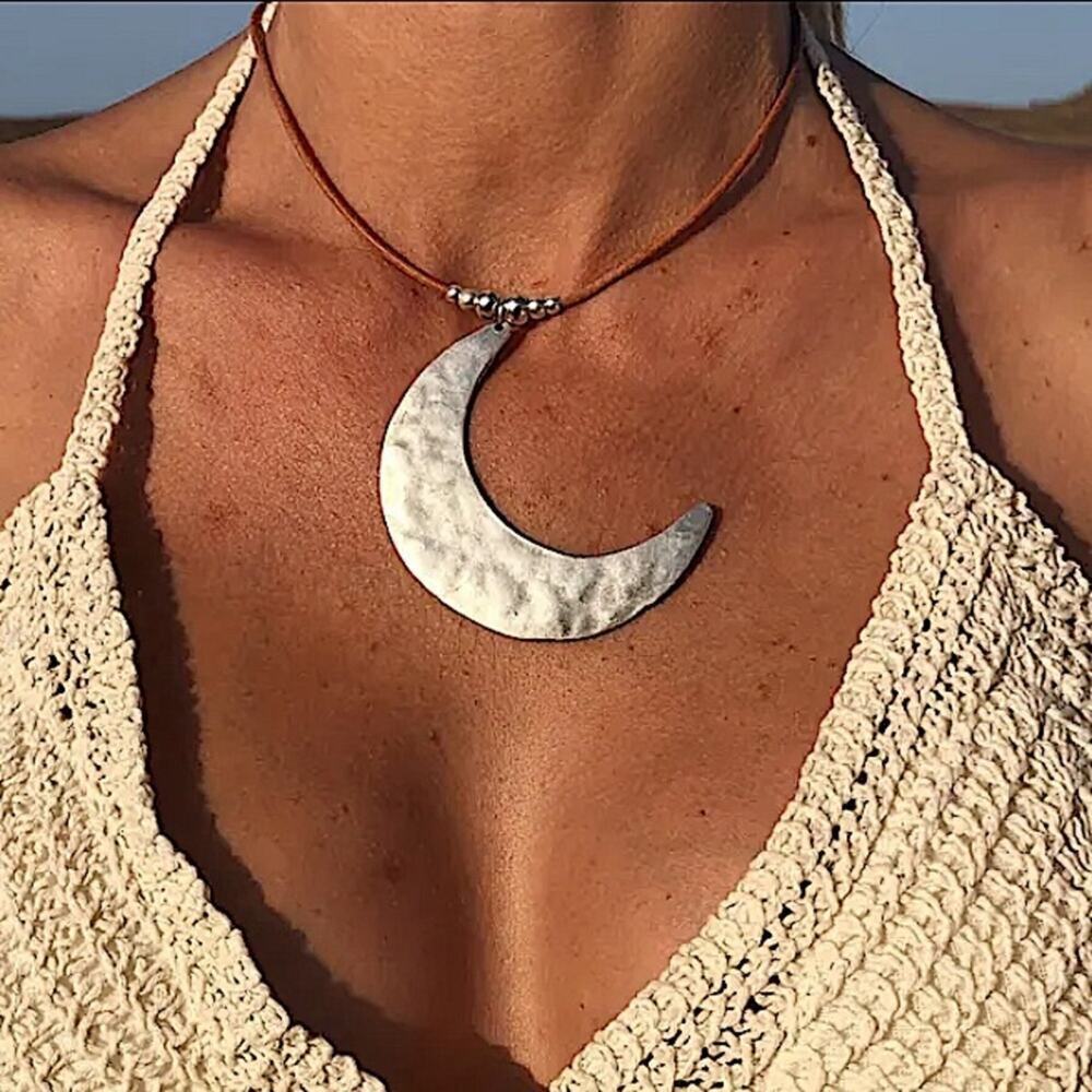 Boho Silver Moon Hammered Necklace Hippy Bohemian